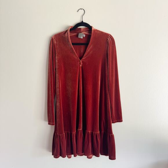 Taylor Rust Red Orange Velvet Long Sleeve Trapeze Mini Dress - Size 10 - Picture 2 of 10